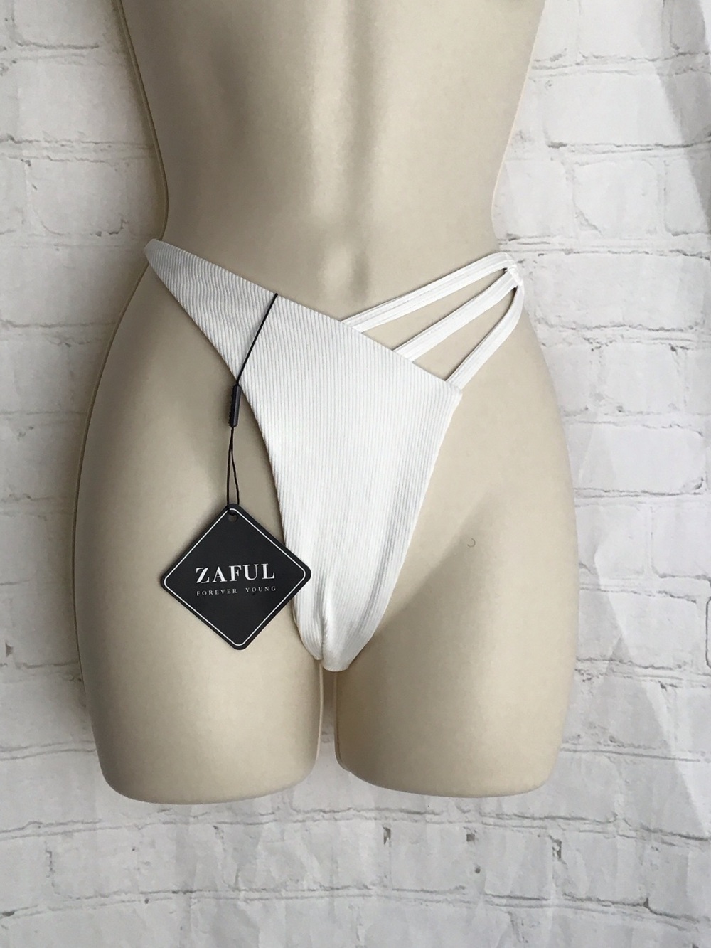 Zaful White Ribbed Triple-Strap Thong Bikini Bottom